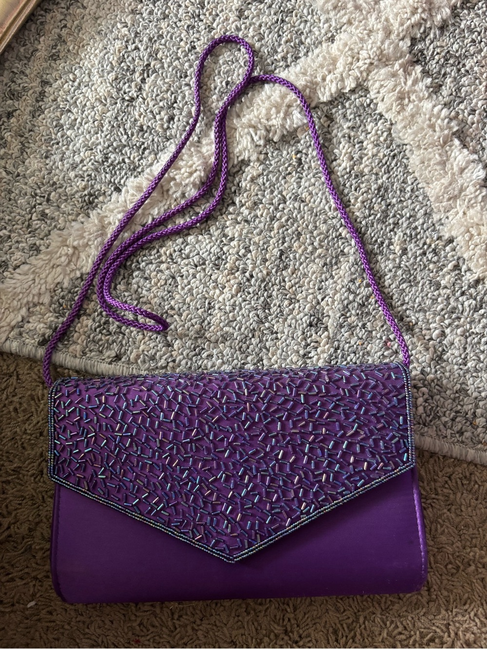 Beaded Purple Envelope Wristlet Clutch with Chain Strap